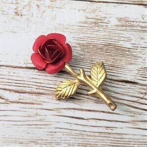 Vintage Brooch / Pin Red Rose with Gold Tone Stem